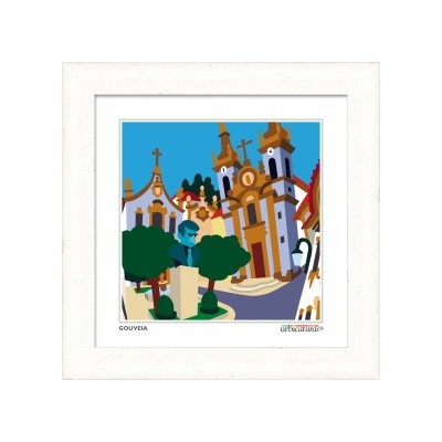 Imagem digital colorida de edifícios históricos e árvores, com moldura branca