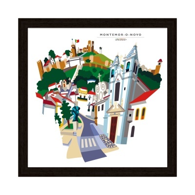 Ilustração colorida da cidade de Montemor-o-Novo com igreja e castelo