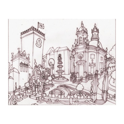 Desenho a lápis de igreja, fonte e torre numa paisagem urbana