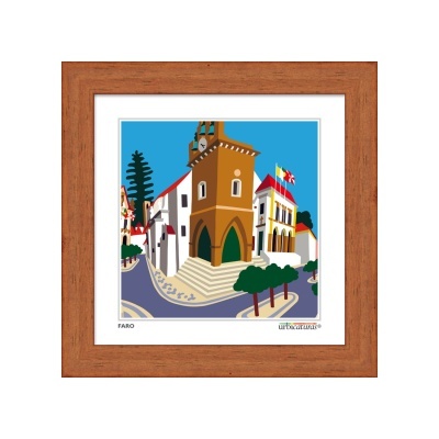 Ilustração colorida de edifícios históricos em uma praça, enquadrada por moldura de madeira.