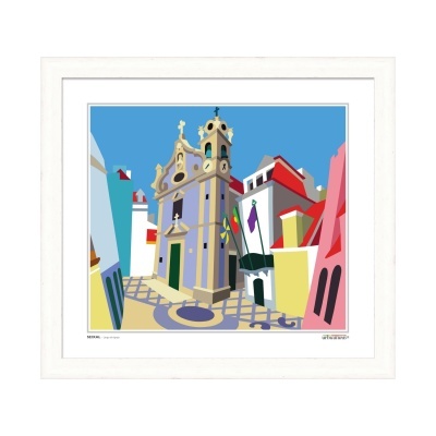 Quadro emoldurado com ilustração colorida de edifício histórico e ruas adjacentes.