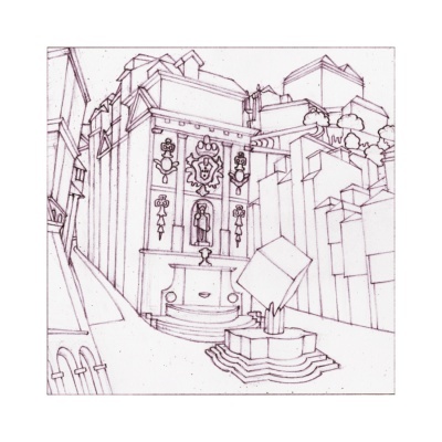 Desenho linear violeta de praça urbana com fonte e edifícios antigos decorados