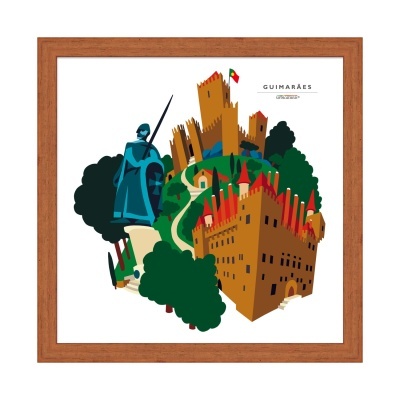 Ilustração colorida de castelos e estátua em Guimarães com moldura de madeira