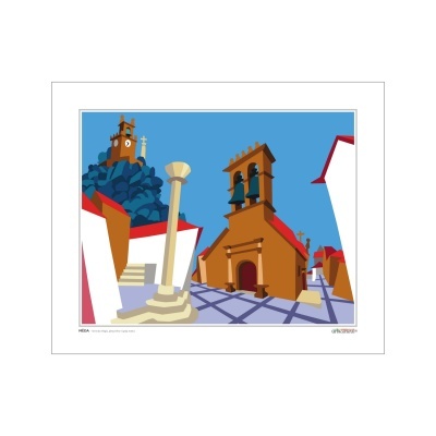 Ilustração digital de praça com igreja castanha e coluna central