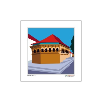 Ilustração digital de uma construção com telhado vermelho e base castanha em Bragança