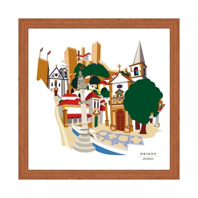 Ilustração colorida de Óbidos em quadro de moldura de madeira