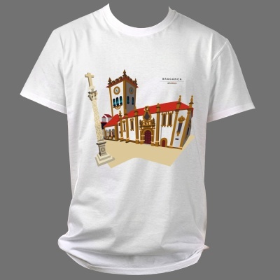 T-shirt branca com estampa de edifício histórico colorido e texto Bragança Portugal