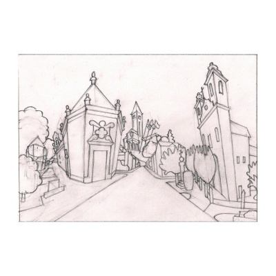 Desenho a lápis de cenário urbano com construção gótica e árvores.