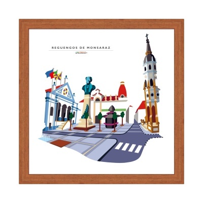 Ilustração colorida de monumentos em Reguengos de Monsaraz em moldura de madeira