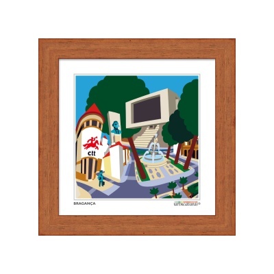 Ilustração colorida da cidade de Bragança numa moldura castanha de madeira