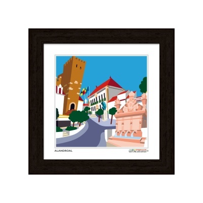 Ilustração digital colorida de edifício histórico com torre castanha, fontes e árvores em Alandroal