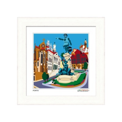 Ilustração colorida do centro histórico do Porto em quadro decorativo branco