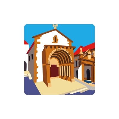 Ilustração de edifício histórico branco com entrada arqueada e colunas