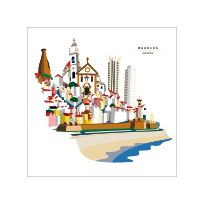 Ilustração colorida de paisagem urbana com edifícios, praia e mar e texto BUARCOS