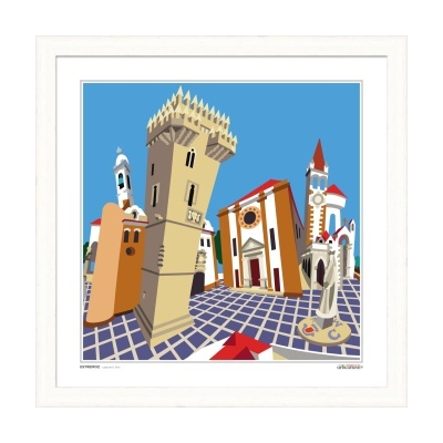 Ilustração colorida de edifícios históricos com padrão de azulejos no chão