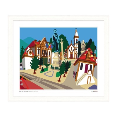 Ilustração colorida de praça histórica de Castelo de Paiva com edifícios, estátua e bandeiras em moldura branca