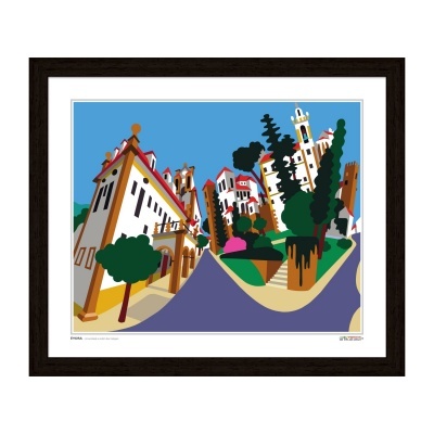 Ilustração colorida de rua com edifícios brancos, árvores verdes e céu azul em moldura castanha escura.