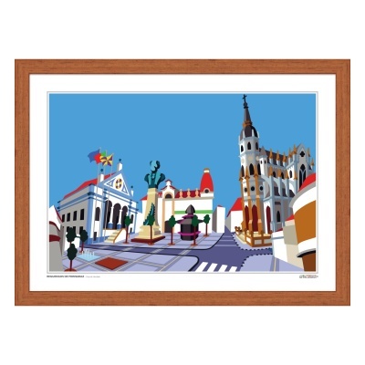 Ilustração gráfica de praça com edifícios e estátua em moldura de madeira