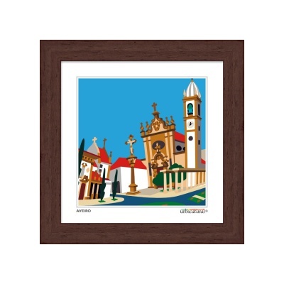 Quadro com imagem gráfica colorida de cidade tradicional com torre sineira e textos Aveiro e urbocidade