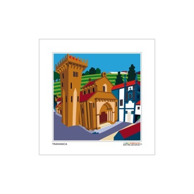 Ilustração digital de torre e edifício com portão arqueado em vila colorida