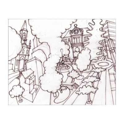 Desenho a lápis de uma praça urbana com árvores e edifícios