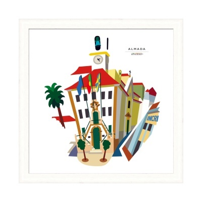 Ilustração colorida de edifício em Almada num quadro branco