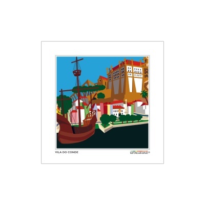 Ilustração gráfica colorida de Vila do Conde com barco e castelo