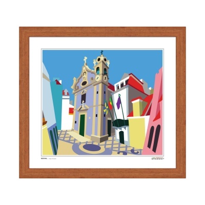 Quadro ilustrativo de igreja antiga com moldura de madeira