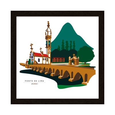 Ilustração digital colorida da Ponte de Lima com igreja e montanha