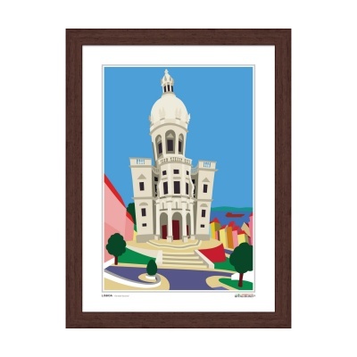 Pintura digital de edifício histórico com cúpula branca, árvores e fundo colorido, em moldura de madeira escura.