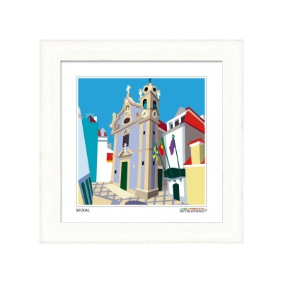 Quadro ilustrado de edifício histórico em Seixal com moldura branca