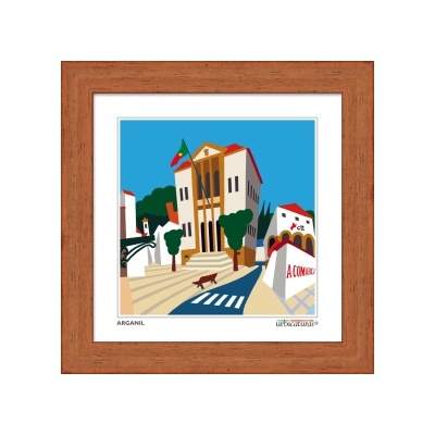 Gravura colorida de praça com edifícios e árvores em moldura de madeira