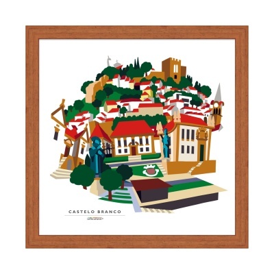 Ilustração colorida emoldurada de Castelo Branco com casas e monumentos