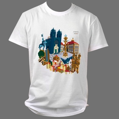 T-shirt branca com desenho colorido de monumentos do Porto e texto