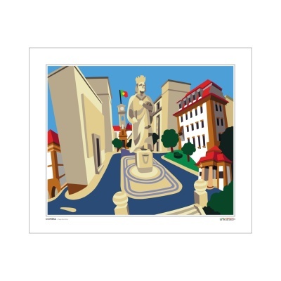 Ilustração digital de estátua numa praça com edifícios coloridos e bandeira de Portugal