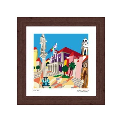 Quadro decorativo com ilustração colorida da cidade de Setúbal em moldura castanha