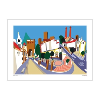 Ilustração estilizada de cidade com prédios coloridos, árvores e ruas