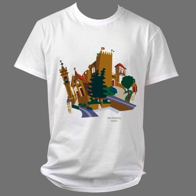 T-shirt branca com ilustração de castelo medieval e texto Belmonte Portugal