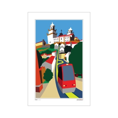 Ilustração de comboio vermelho a subir linha curva com castelo branco ao fundo