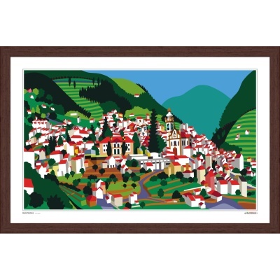 Quadro com representação artística colorida de uma vila entre colinas verdes