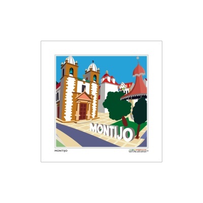 Ilustração digital de edifícios históricos e árvores em Montijo com texto MONTIJO