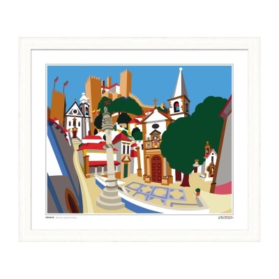 Ilustração colorida de vila histórica com igrejas, árvores e colunas em pedra