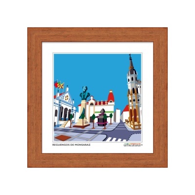 Ilustração colorida da praça Reguengos de Monsaraz numa moldura de madeira