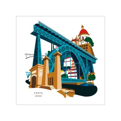 Ilustração de ponte metálica azul e edifícios históricos em Porto