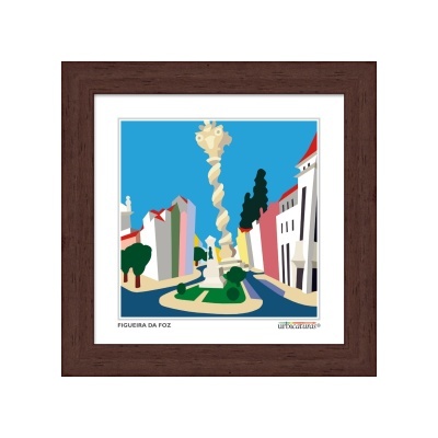 Quadro de arte digital com escultura abstrata e edifícios ao fundo