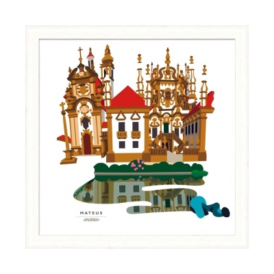 Ilustração de edifícios históricos refletidos na água com texto Mateus Portugal