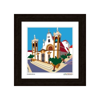 Quadro com imagem estilizada colorida de edifício histórico com torres e árvores