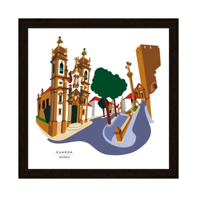 Ilustração colorida da cidade de Guarda com igreja, torre, e árvores em moldura preta