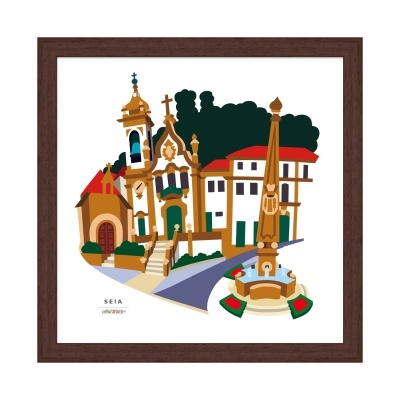Ilustração colorida de arquitetura e monumentos de Seia em moldura castanha