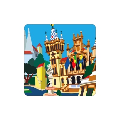 Ilustração colorida de um castelo com torres e bandeiras ao lado de um lago e árvores